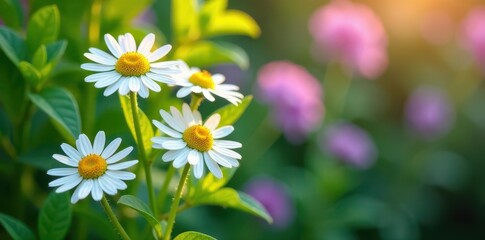 Fototapeta premium Close-up of chamomile blossoms and vibrant leaves , foliage, macro