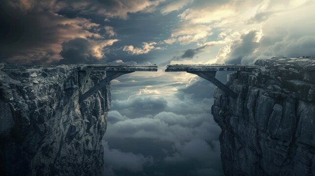 A broken bridge over a cliff under a stormy sky