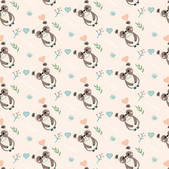 Whimsical Pattern of Cute Pandas, Hearts, and Flowers on Beige Background