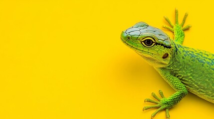 Fototapeta premium Green lizard is on a yellow background. The lizard is looking at the camera. The yellow background is bright and cheerful