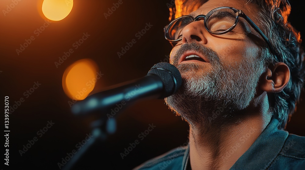 Poster man singing into a microphone with a microphone in front of him. the man is wearing glasses and has 