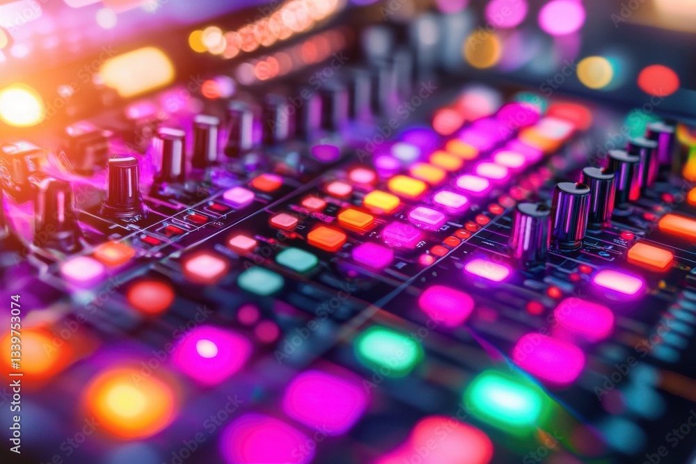 Poster a vibrant audio mixing console with colorful lights and controls, creating a dynamic and exciting sc
