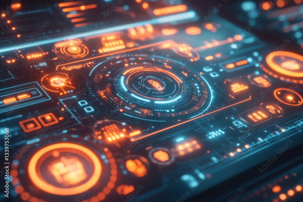Poster futuristic technology interface with glowing neon elements, displaying complex data and information,