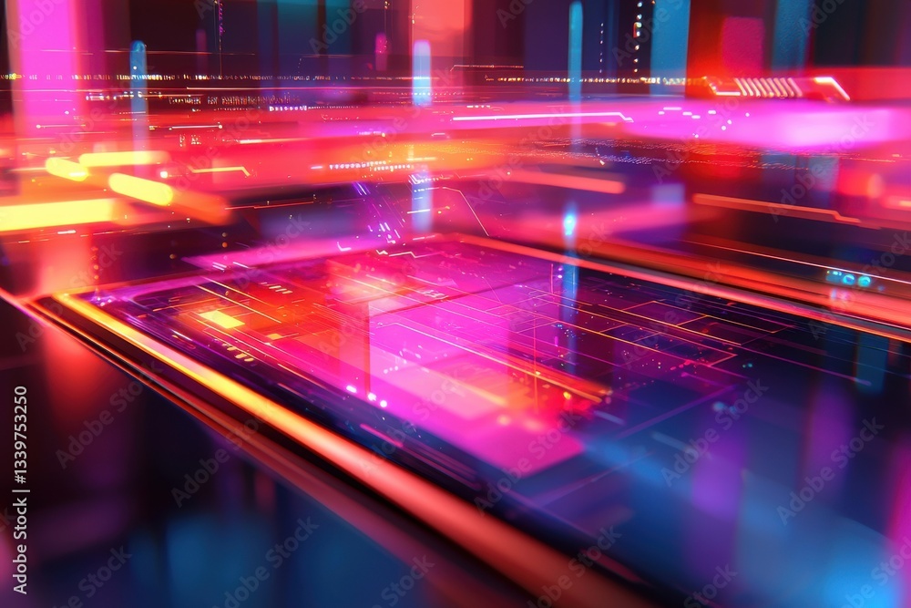 Poster futuristic technology interface with vibrant neon lights, creating a complex network of data streams