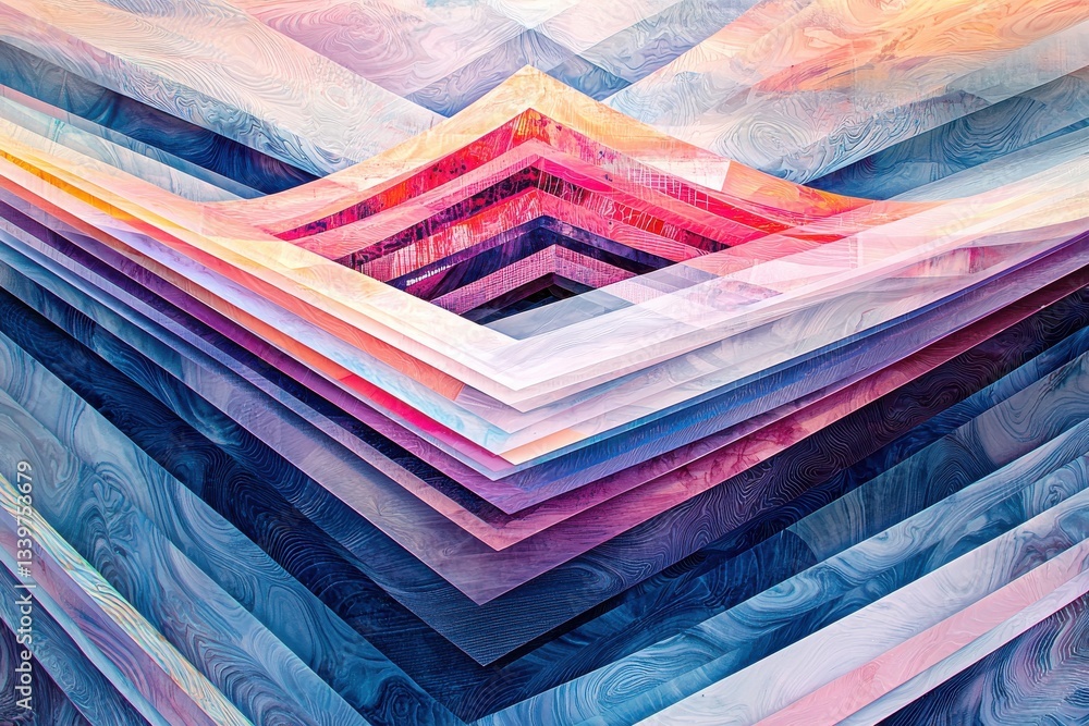 Poster a mesmerizing geometric abstract with layered triangular shapes and vibrant gradient colors from blu