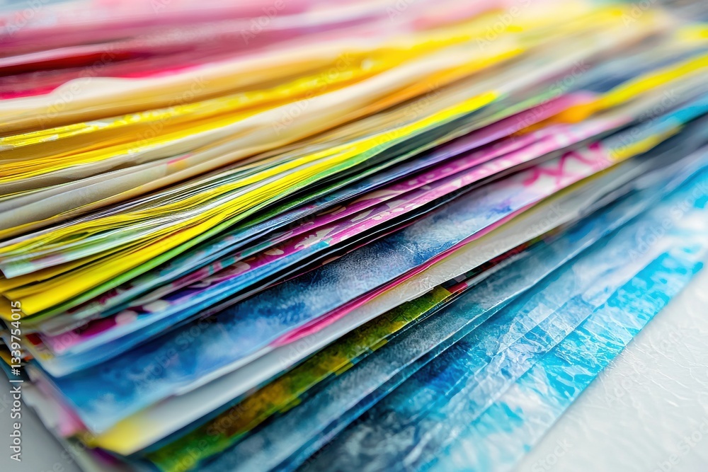 Poster a close-up abstract of stacked colorful papers creating a vibrant visual texture, showcasing shades 