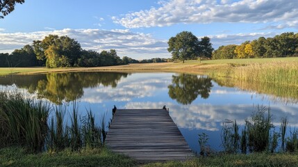 Tranquil Lake Scene with Wooden Dock Reflecting Clouds and Trees on Water