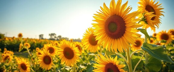 Fototapeta premium Vibrant sunflowers bathed in golden sunlight, summer landscape, sun rays, farm