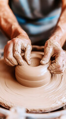 Close up of artisan hands shaping pottery on wheel in craft workshop