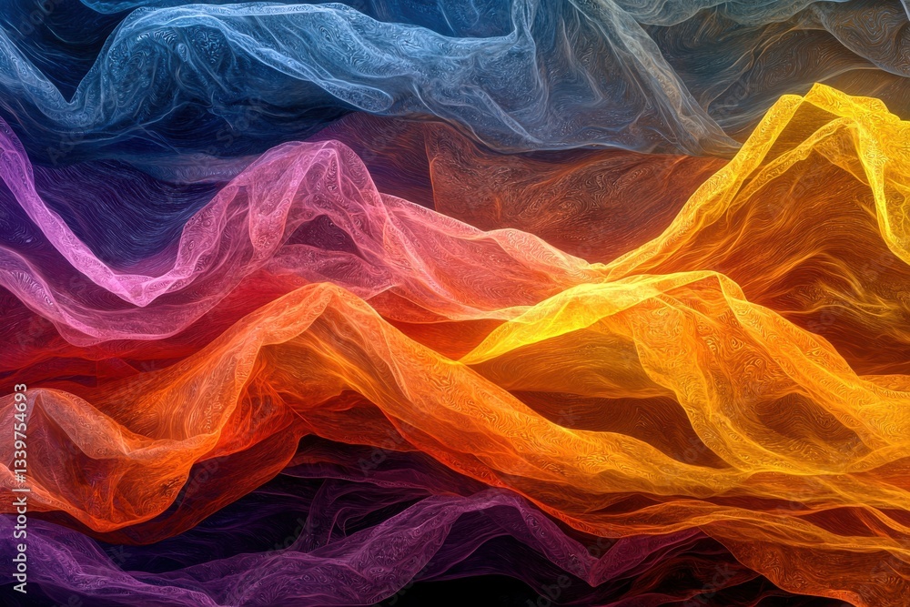 Poster abstract artwork displaying a layered wave pattern with a vibrant color gradient, transitioning from
