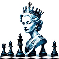 Digital matte painting with a chess piece of the queen on a white background