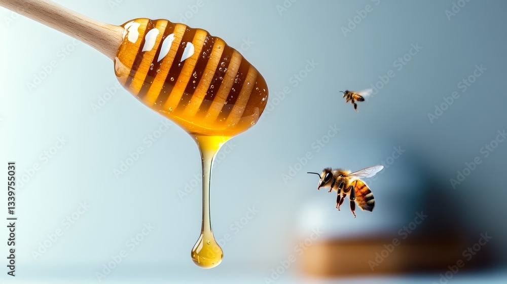 Poster honeycomb is dripping with honey and two bees are flying around it. the honeycomb is on a table and 