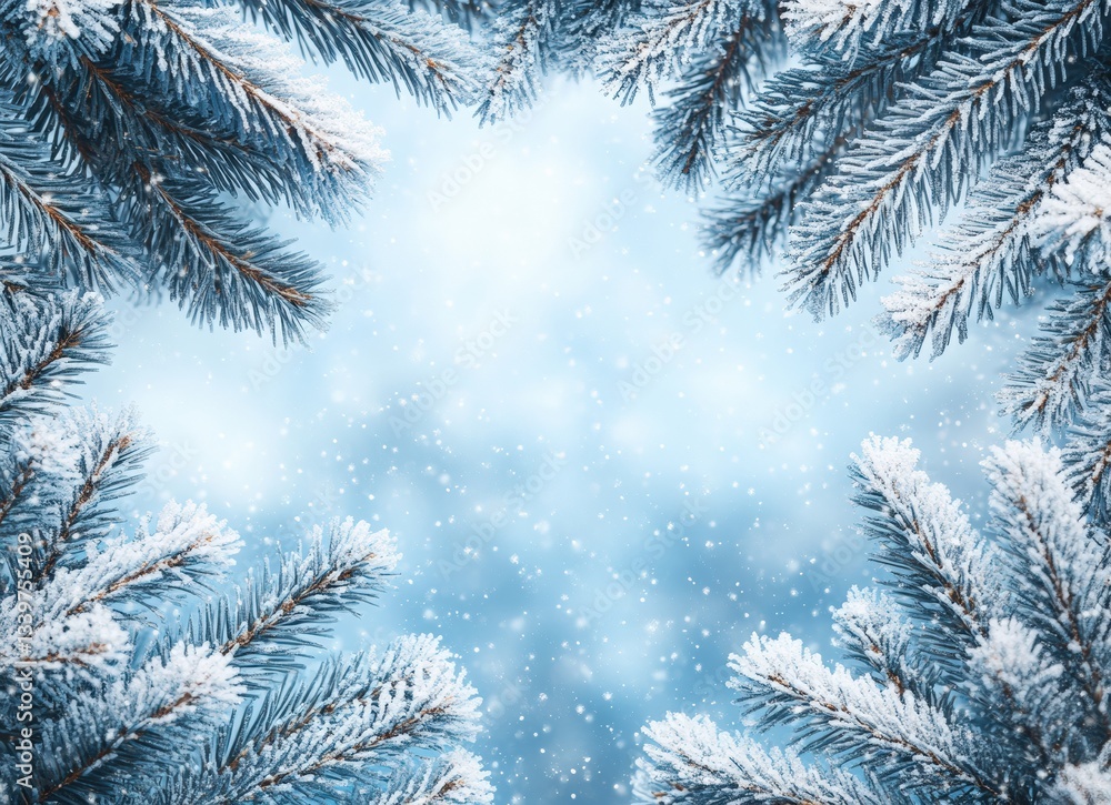 Aufkleber snow falling on pine branches creating winter wonderland background