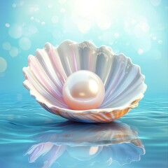 Shimmering pearl inside a glossy seashell with ocean reflections