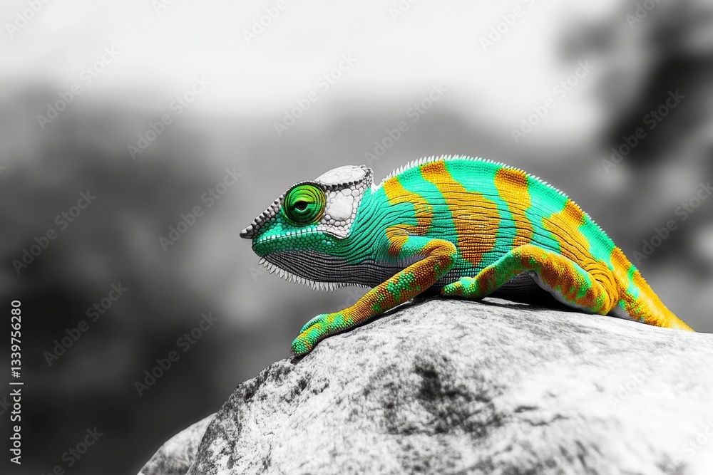 Poster green and yellow lizard is laying on a rock. the lizard is colorful and has a unique pattern. the im