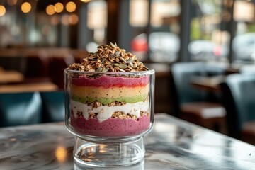 A layered smoothie in a glass, topped with granola and seeds, presents a healthy and delicious breakfast or dessert option, beautifully displayed in natural light.