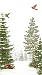 Winter scene with two birds flying among evergreen trees in snow