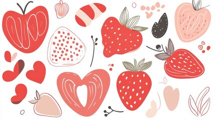 Charming Strawberry Illustration with Abstract Hearts and Shapes