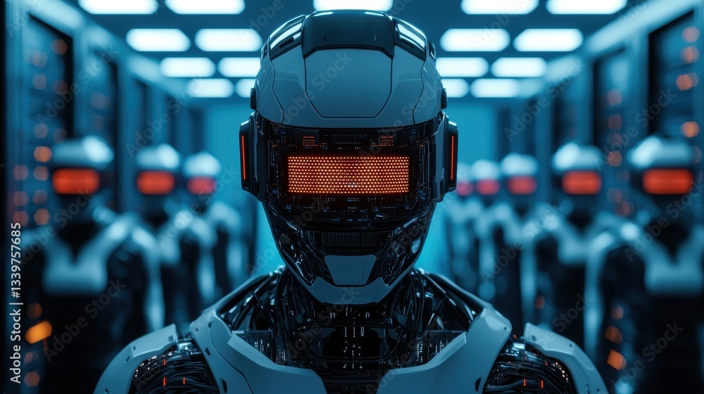 Poster a futuristic robotic figure stands in a dimly lit server room, surrounded by other robots, showcasin
