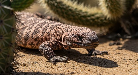 Obraz premium Lizard Walking on Sand Near Cactus in Natural Desert Environment