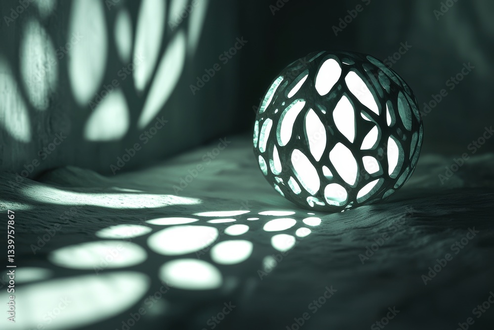 Poster an illuminated decorative sphere with abstract shapes on a textured surface casting shadows, creatin