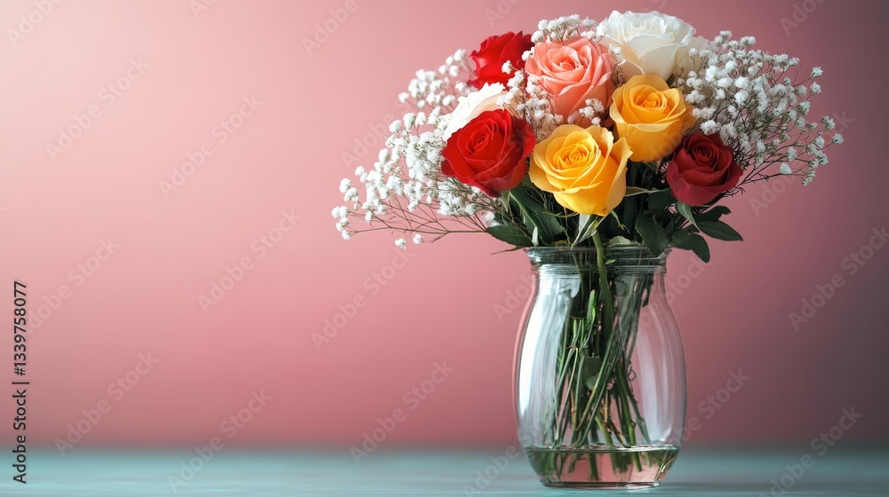 Poster vase of flowers sits on a table. the flowers are in a clear glass vase and are arranged in a way tha