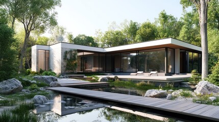 Obraz premium Modern Minimalist House nestled in a lush green forest, reflecting serenity and peace.