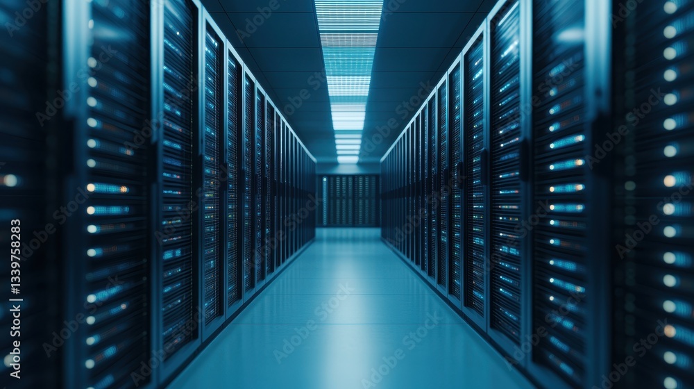 Poster a sleek, high-tech server room with rows of servers illuminated in a blue light, creating a futurist