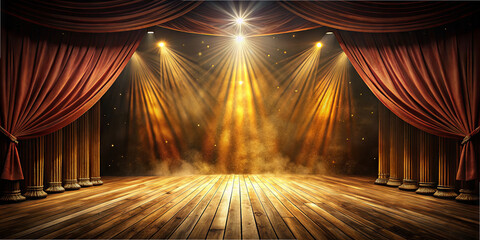 The stage features rich red curtains and warm golden lights shining down, creating an engaging atmosphere for live performances. The wooden floor and elegant pillars complete the scene