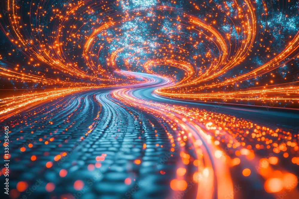 Poster digital data stream flowing through a network, connecting the virtual world with a tunnel of light, 
