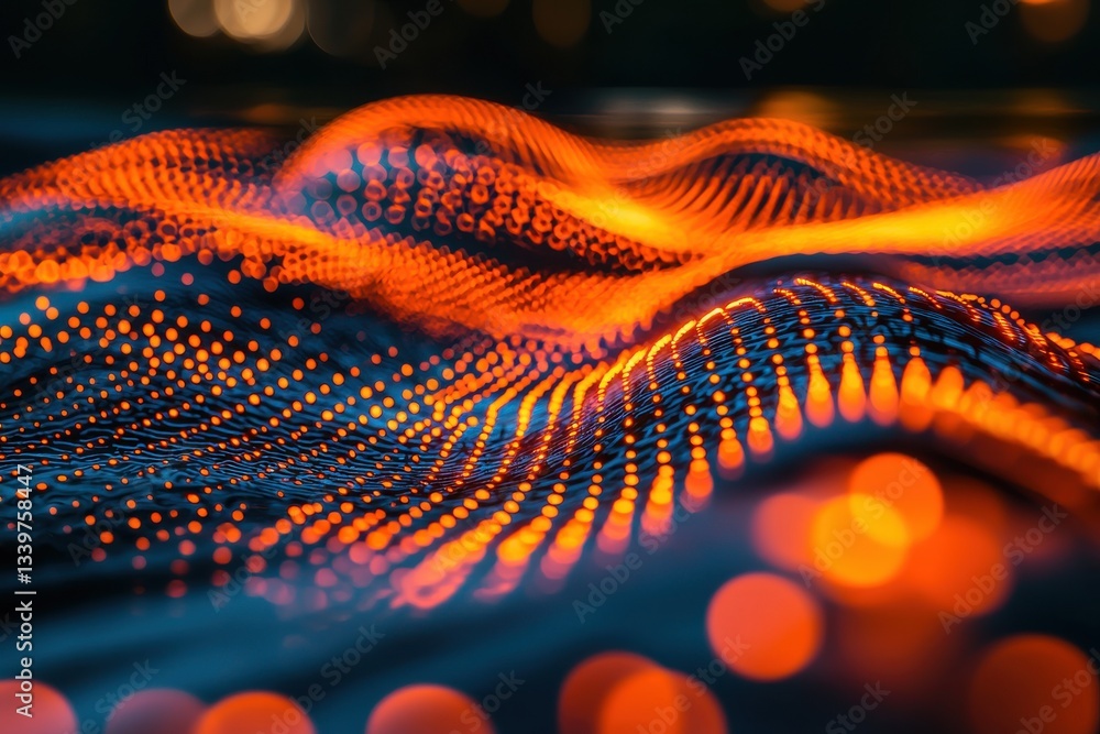 Poster abstract digital wave pattern with glowing dots, depicting interconnectedness and advanced technolog