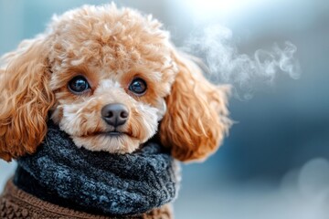 Social ad - animal care. Sad cute baby dog poodle in winter warm clothes, winter breath from nose and mouth in frosty breeze. Problem of struggling animals. Dog cold vest. Pet snow boots.