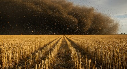 Locust Swarm Over Wheat Field Destroying Crops in Rural Landscape