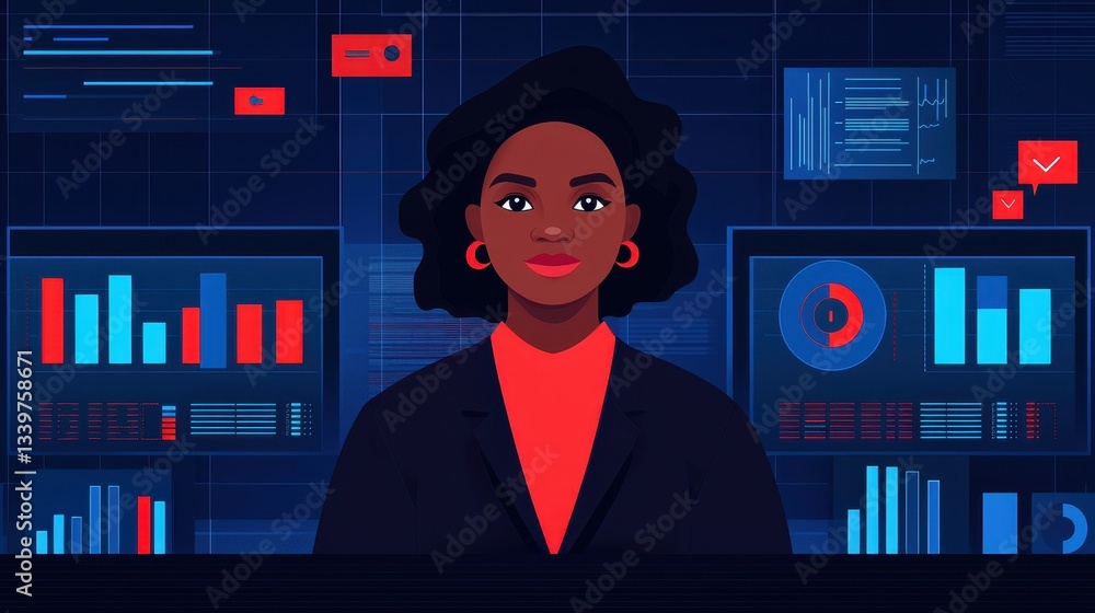 Poster a confident woman stands in front of digital screens displaying charts and graphs, representing data