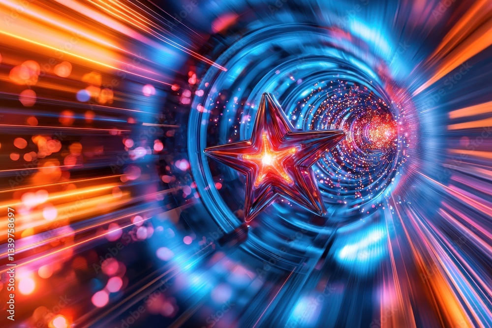 Poster a vibrant, futuristic star hurtles through a tunnel of swirling light and color, creating a dynamic 