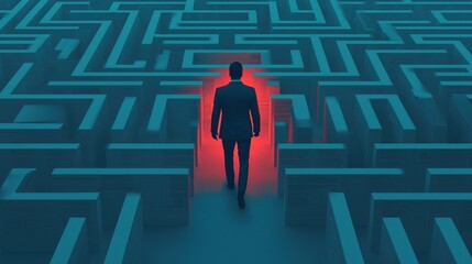 A suited figure stands at the entrance of a glowing maze, symbolizing the journey through challenges and decision-making.