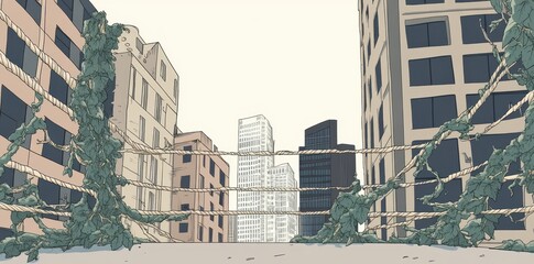 City Buildings Overgrown With Green Vines and Ropes