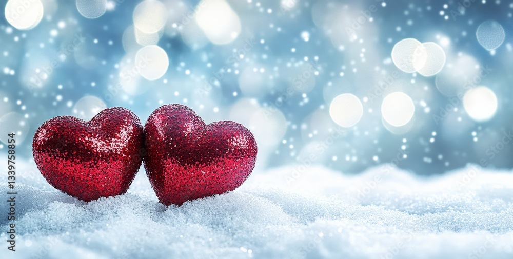 Aufkleber Two red hearts resting on snow with bokeh effect background