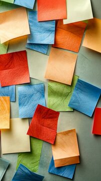 Colorful sticky notes arranged on a surface creating an abstract pattern with various hues and textures
