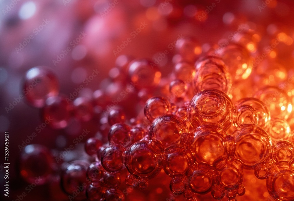 Poster close-up of vibrant red bubbles creating a mesmerizing abstract background