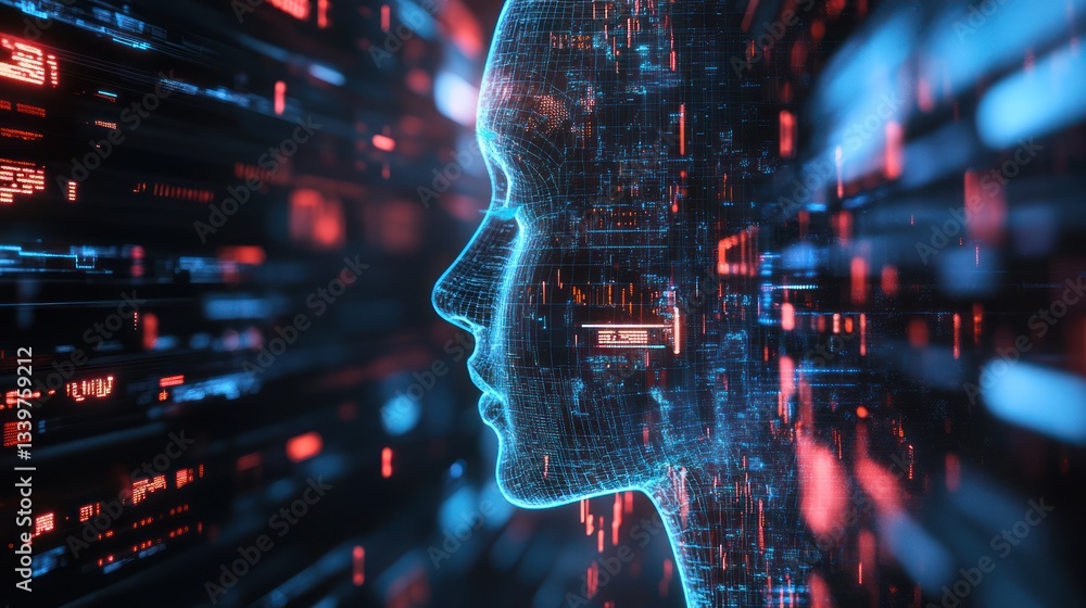 Poster digital mind: a futuristic digital portrait of a human head constructed from glowing lines of code a