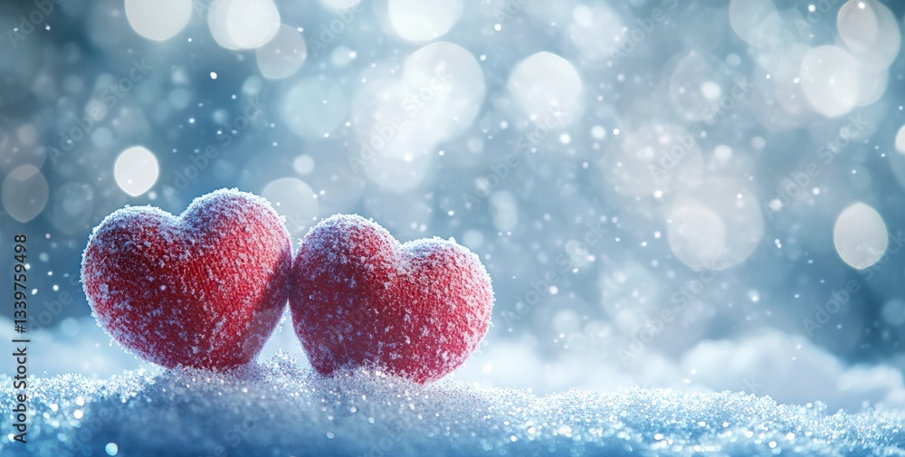 Aufkleber Two red hearts covered with snow resting on a snowy surface with bokeh background
