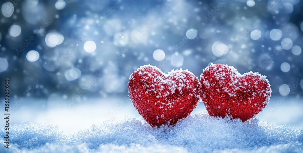 Poster two red hearts resting on snow during winter, creating a romantic scene