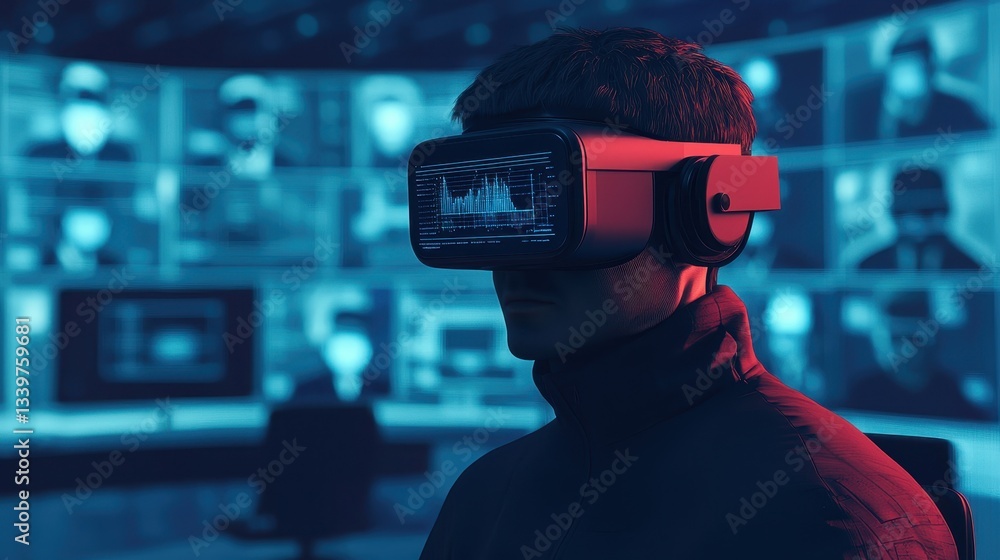 Poster a person wearing a virtual reality headset in a high-tech environment, surrounded by screens display