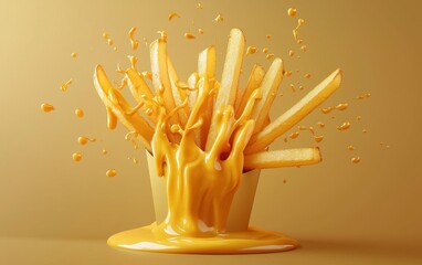 Of flying French fries with honey mustard splashes, isolated on a pastel gold background