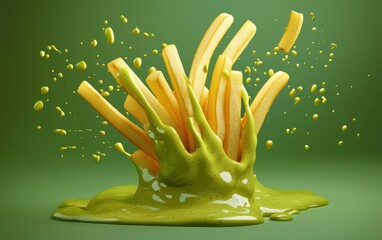 Of flying French fries with green curry sauce splashes, isolated on a muted green background