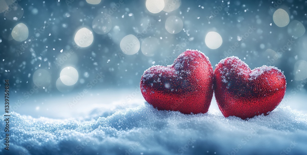 Poster two red hearts resting on snow with falling snowflakes and bokeh lights background