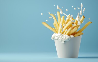 Of flying French fries with tzatziki sauce splashes, isolated on a soft blue background