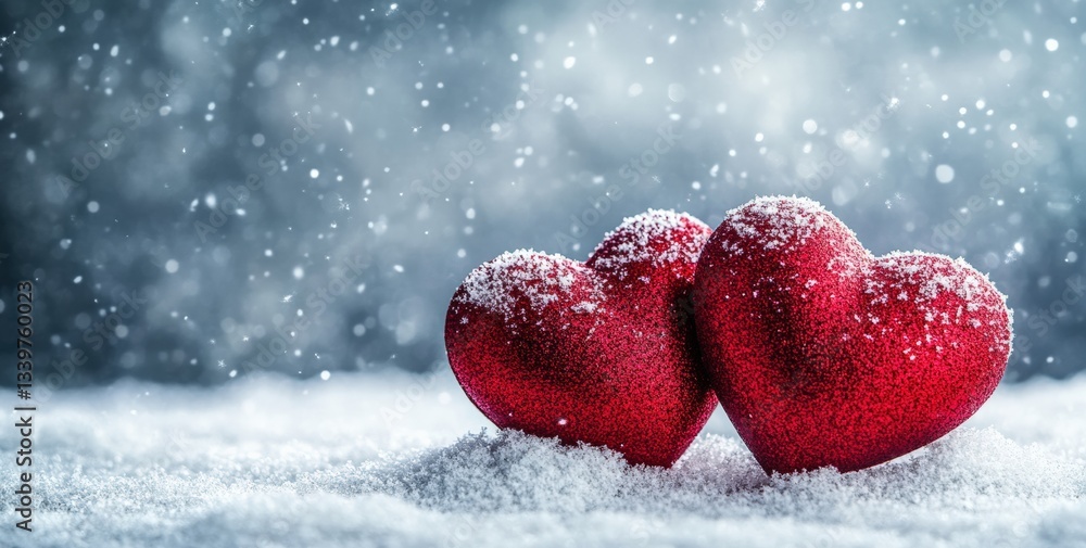Poster two red hearts resting on snow during a gentle snowfall