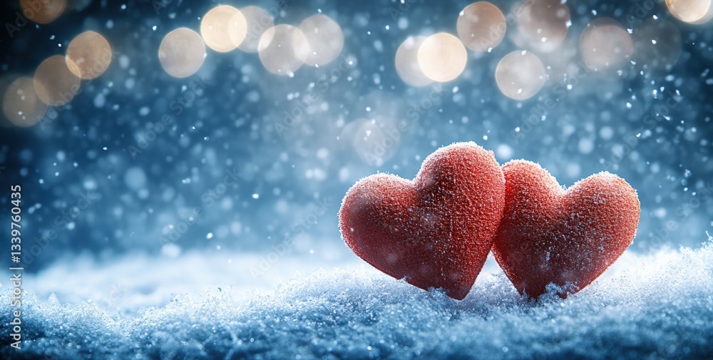 Poster two red hearts resting on snow during a winter snowfall with bokeh lights